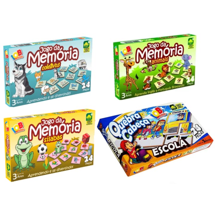 4 Jogo Educativo - Jogo da Memória Animais Inglês e Português + Silabas + Coletivos + Quebra Cabeça Escola IOB Brinquedos