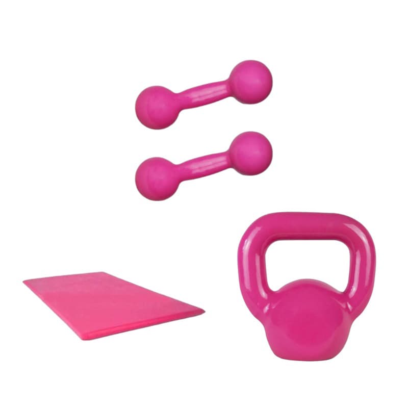 Kit Academia Par Halter 3 Kg Rosa + Kettlebell 6 Kg Agachamento Funcional + Colchonete Rosa