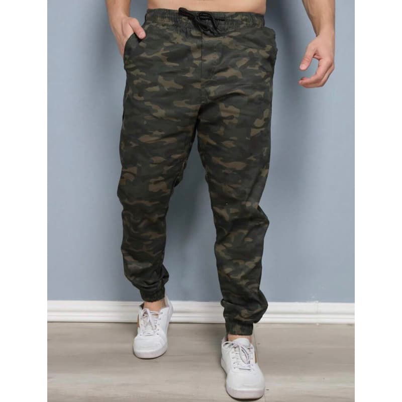 Calça Jogger Camuflada Verde Militar Sarja Slim Com Punho Elastico Masculino
