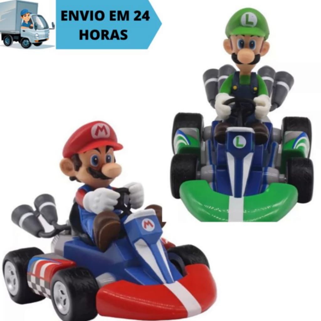 Kit 2 Mario E Luigi Kart Puxar Para Trás Do Carro De Corrida Motorista Super Mario 15 Centímetros PVC Figura Brinquedos