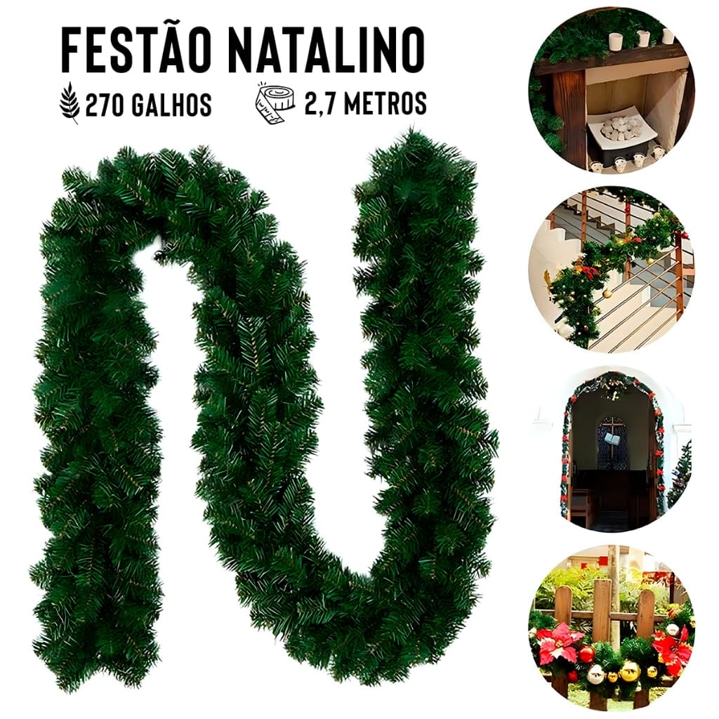 Festão Verde  Aramado Grosso  Luxo 270cm - 300 Galhos  Festão 2.70 metros com 300 galhos para Decoração festa de natal