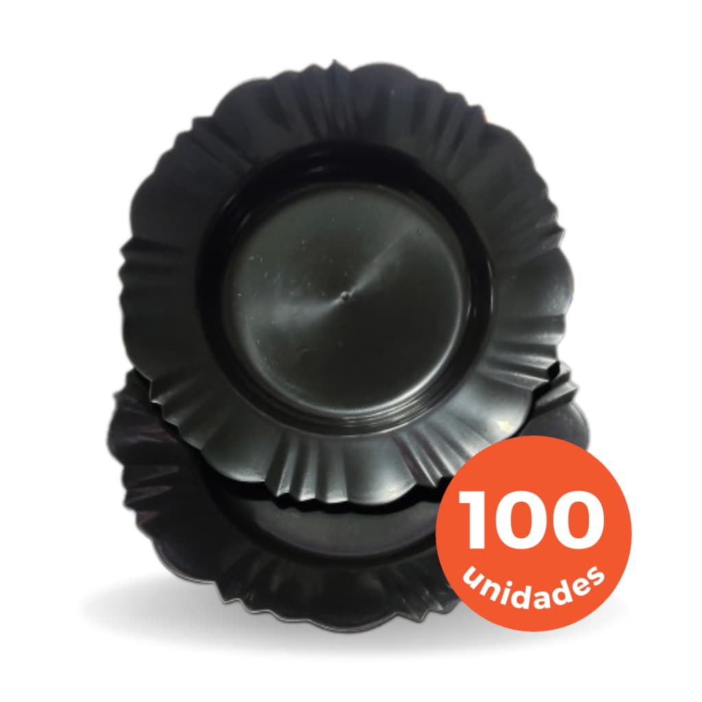 Kit 50 a 100 prato pétala fundo com borda PRETO para refeição churrasco festa jantar redondo prato plastico