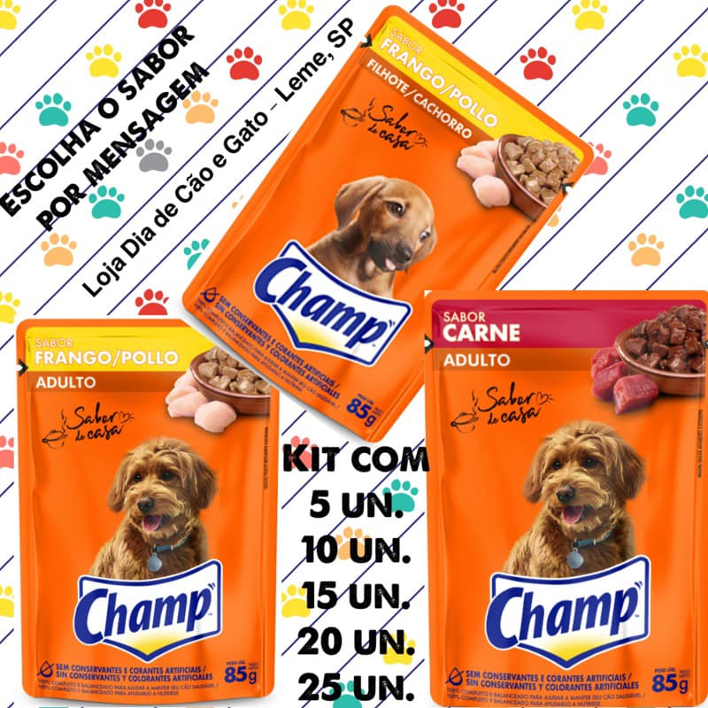 Kit 10 a 40 Sachês CHAMP Dog 85g - Ração Úmida para Cachorro