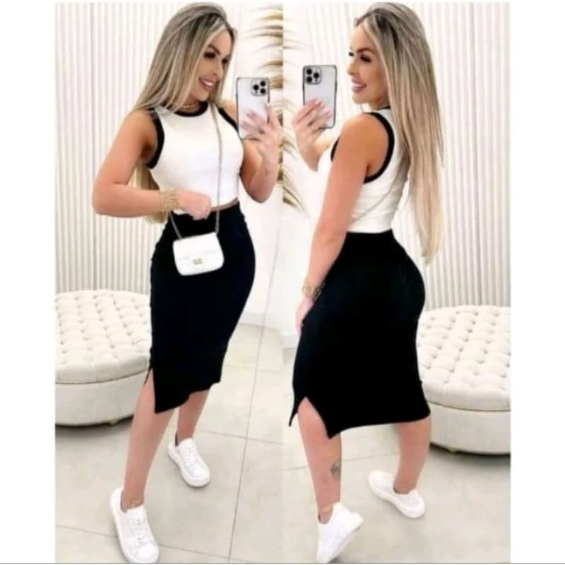 Conjunto feminino, cropped e saia midi.