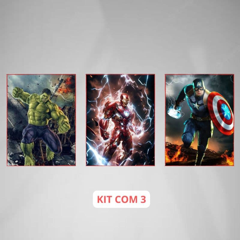 Kit 3 Placas Decorativas Heróis Da Marvel Para Colar Em Parede - Alta Resolução