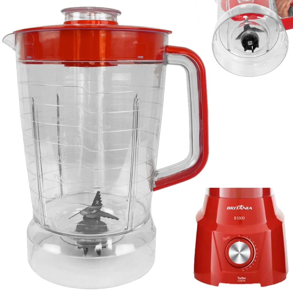 Copo de Liquidificador Para Britania B1000 Cristal Tampa Vermelha