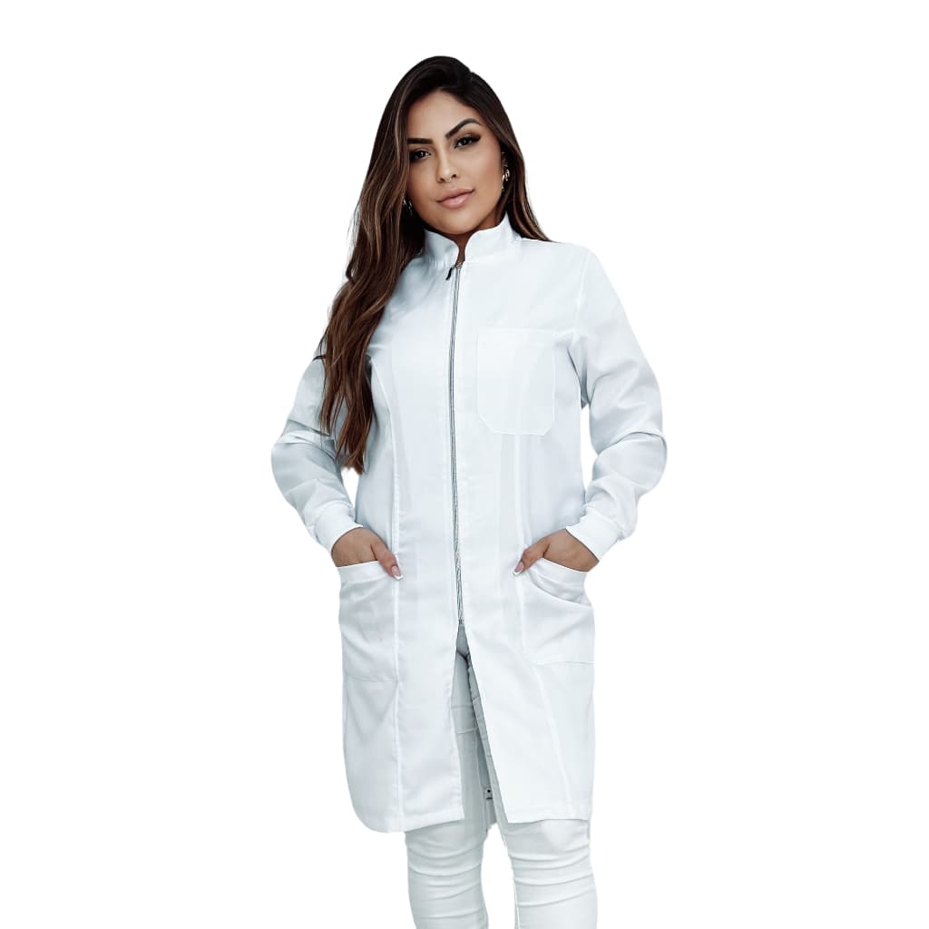 Jaleco Feminino Ziper Prata Branco Manga Longa Com Punho Enfermagem Medicina Acinturado Dentista Academico Estudante