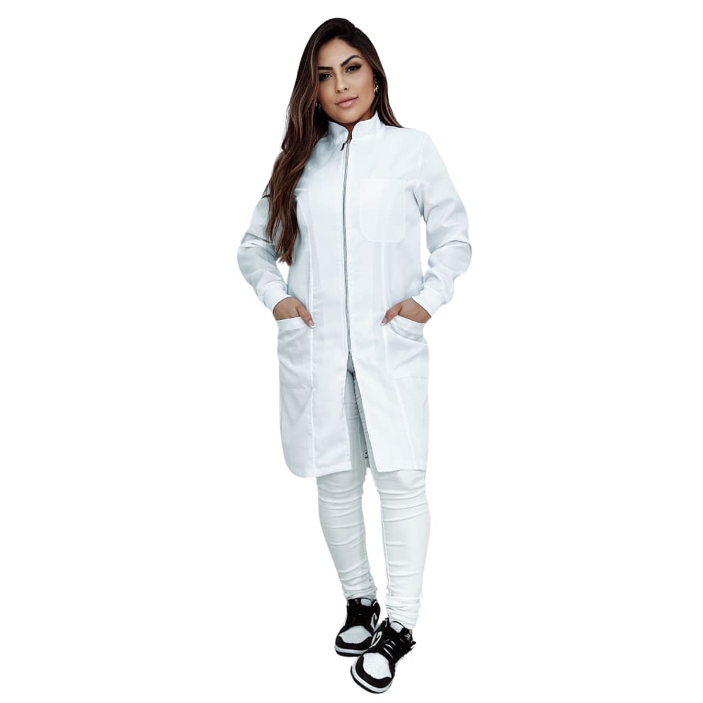 Jaleco Feminino Ziper Prata Branco Manga Longa Com Punho Enfermagem Medicina Acinturado Dentista Academico Estudante