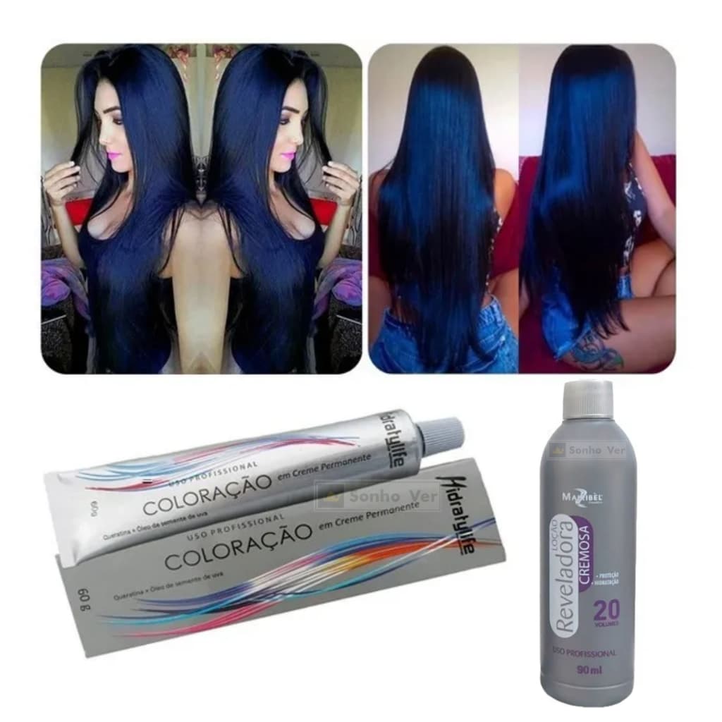 Kit Para Cabelo Preto Azulado 1 Tinta N°1 Preto Azulado + 1 Água Oxigenada OX 20vol 90ml Mairibel