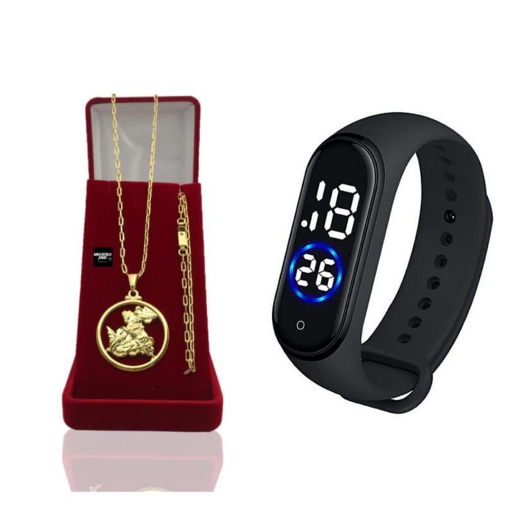 Corrente Masculina 2mm Banhado Ouro Com Pulseira e Pingente São Jorge