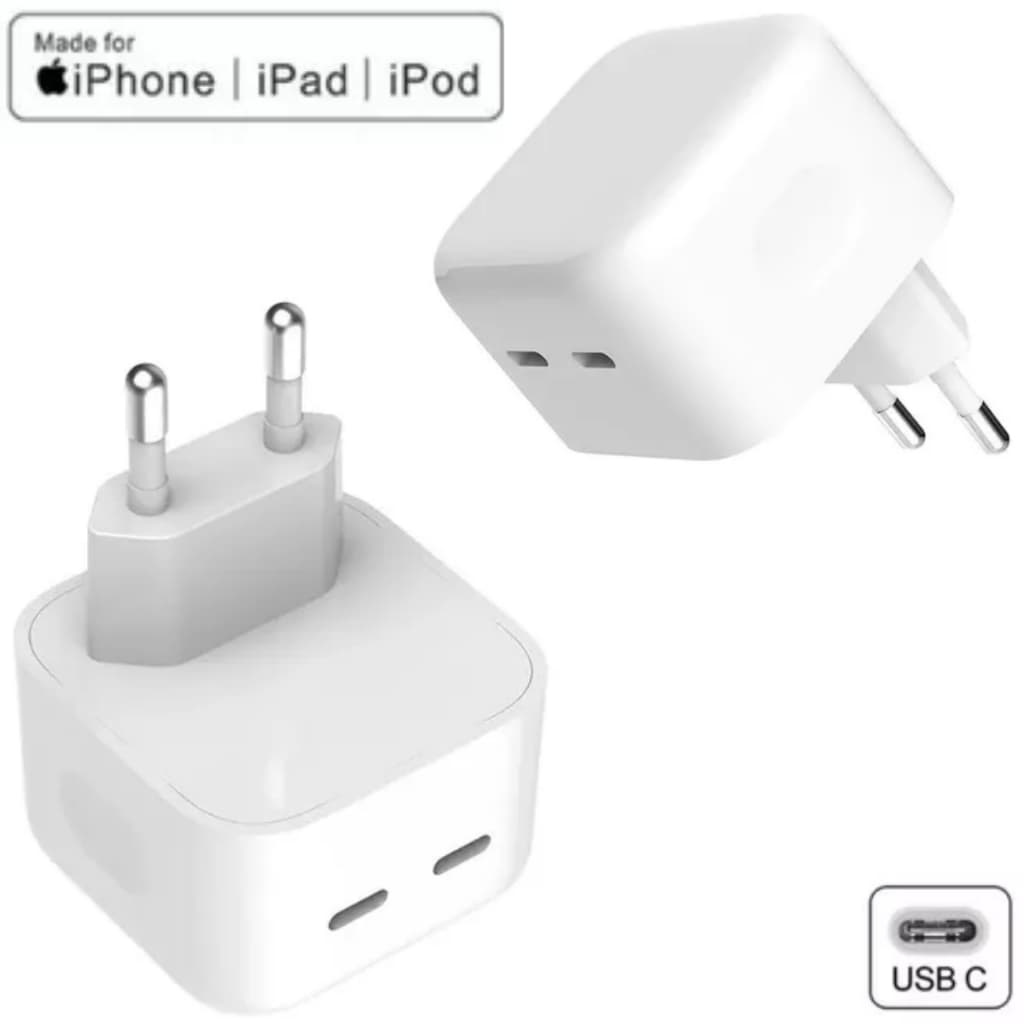 Carregador Fonte Usb C Duplo 50w iPhone Turbo 2 Portas Tomada 2 Entradas Usb-c Base Fonte Carregador PD Duplo