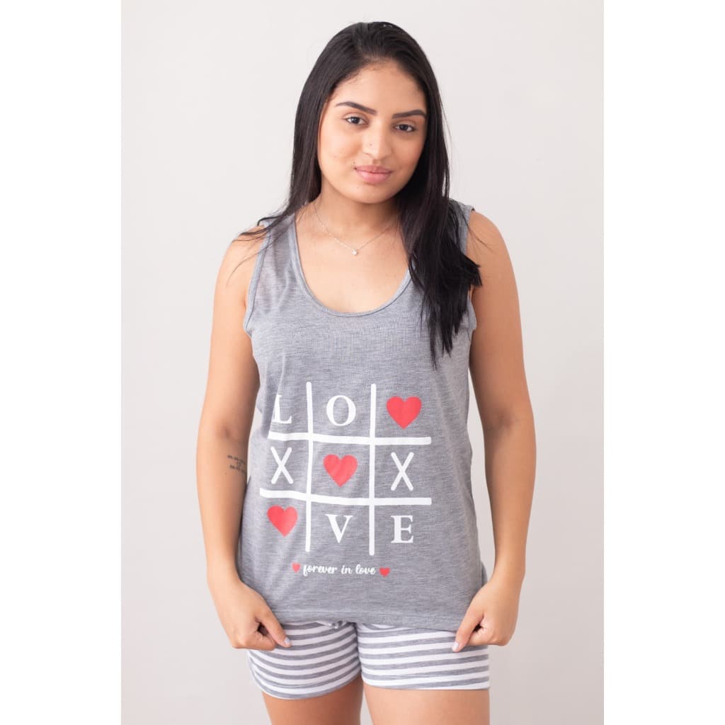 Kit 3 baby doll camiseta regata com short em malha estampa jogo coração pijama verao