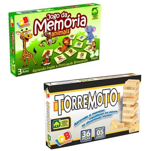 2 Jogos Educativos - Jogo Caiu Perdeu Torremoto  36 peças + Jogo da Memória Animais Inglês e Português 24 peças IOB