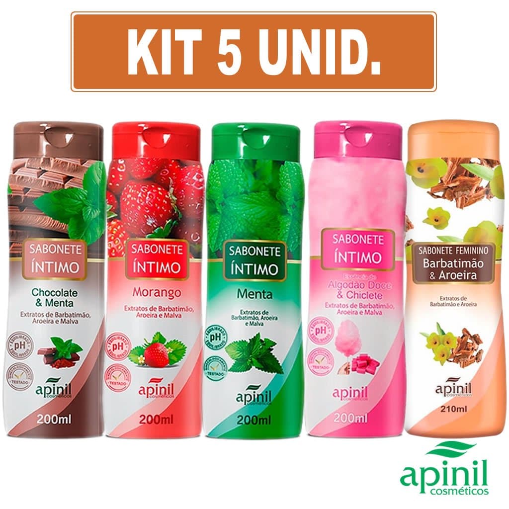 KIT 5 Sabonete Corporal Líquido Íntimo Apinil Fragrâncias Sortidas