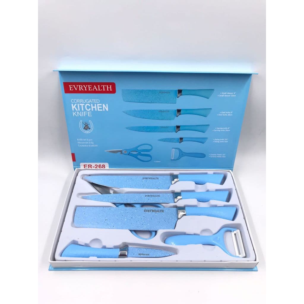 Jogo de 6 Facas Rosa ou Azul Antiaderente Profissional De Cozinha Faqueiro Gourmet Grossa