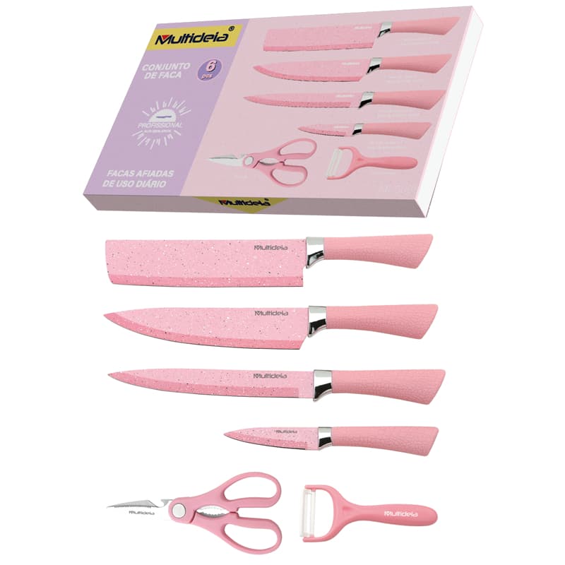 Multideia Jogo de Facas Cozinha Original Aço Carbono Descascador Tesoura Profissional Rosa - 6 Peças