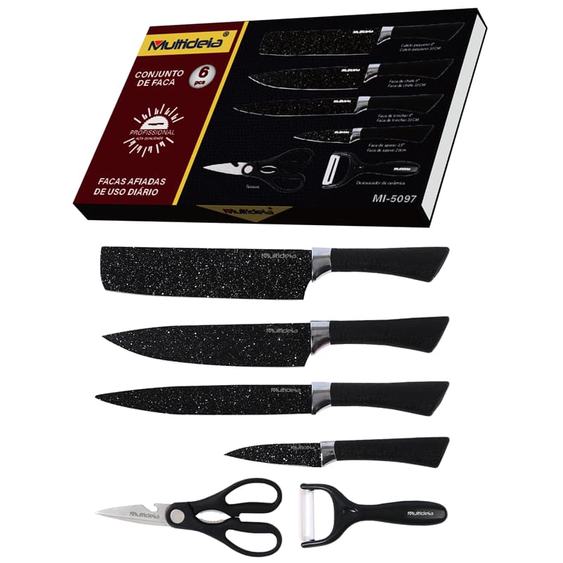 Multideia Jogo de Facas Cozinha Original Aço Carbono Descascador Tesoura Profissional Preto com Bolinha- 6 Peças