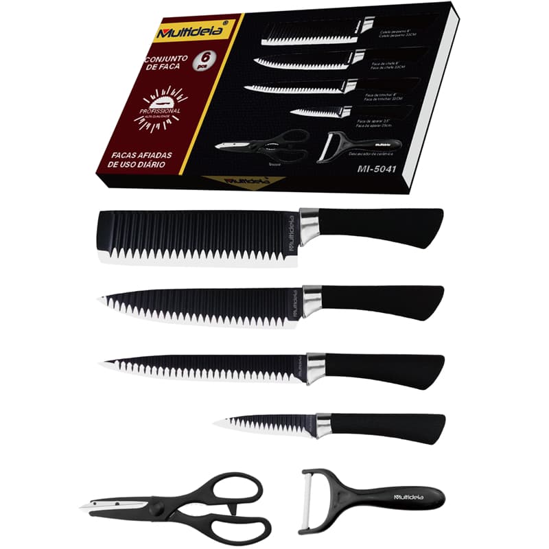 Multideia Jogo de Facas Cozinha Original Aço Carbono Descascador Tesoura Profissional Preto - 6 Peças