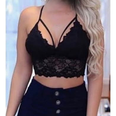 Sutiã Top Cropped Strappy com Bojo em Renda Sutian Soutien Sutia 0212