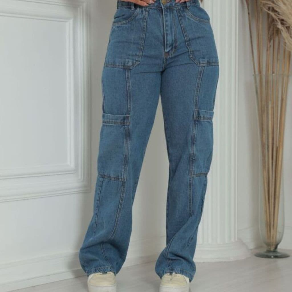 Calça Cargo Jeans Feminina Bolsos Funcionais