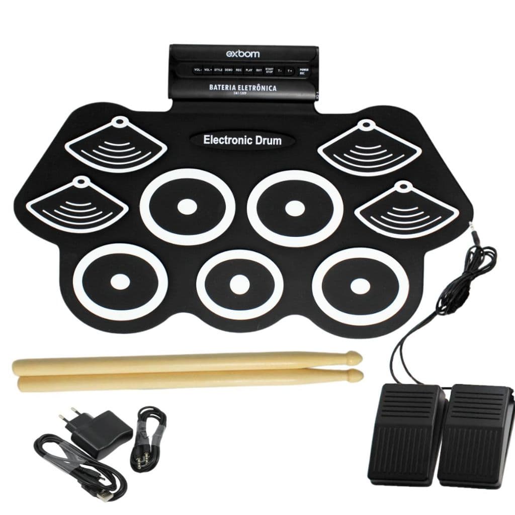 Bateria eletrônica 6 Drums 5 Metal Silicone Portátil C Pedal
