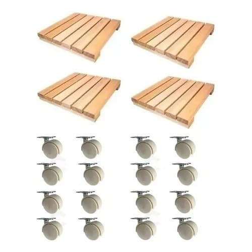 Kit Com 4 Unidades suporte para plantas vaso de plantas Com Rodinhas Tablado Madeira Maciça Rodas Brancas