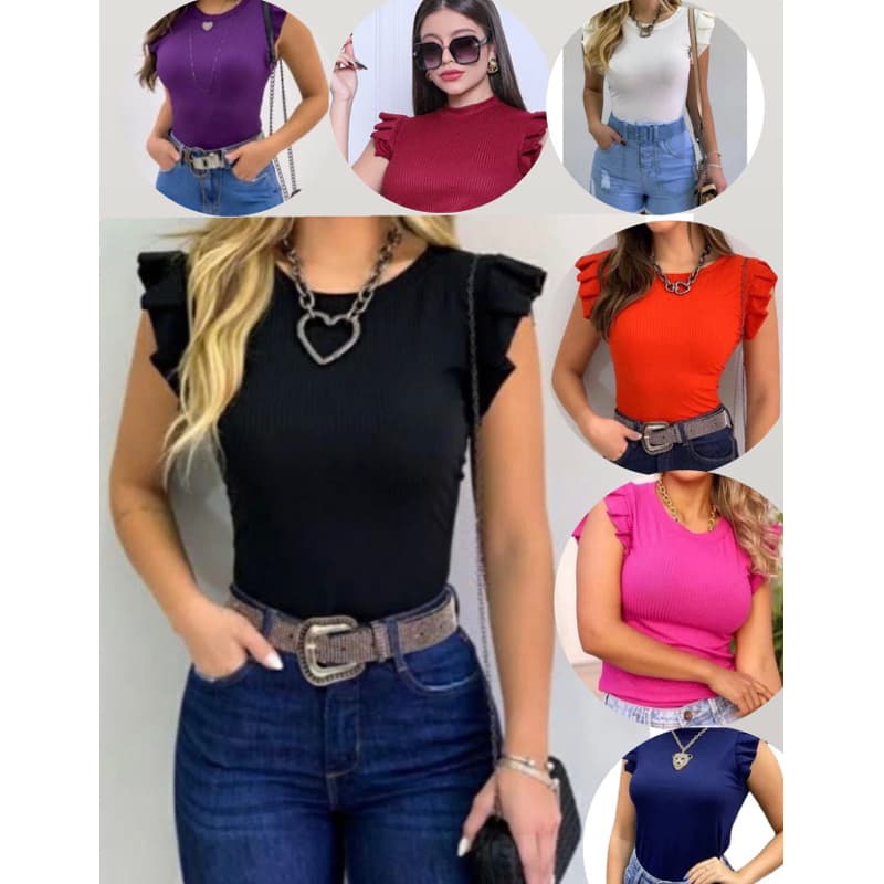 Blusinha manga babado canelado cores variadas