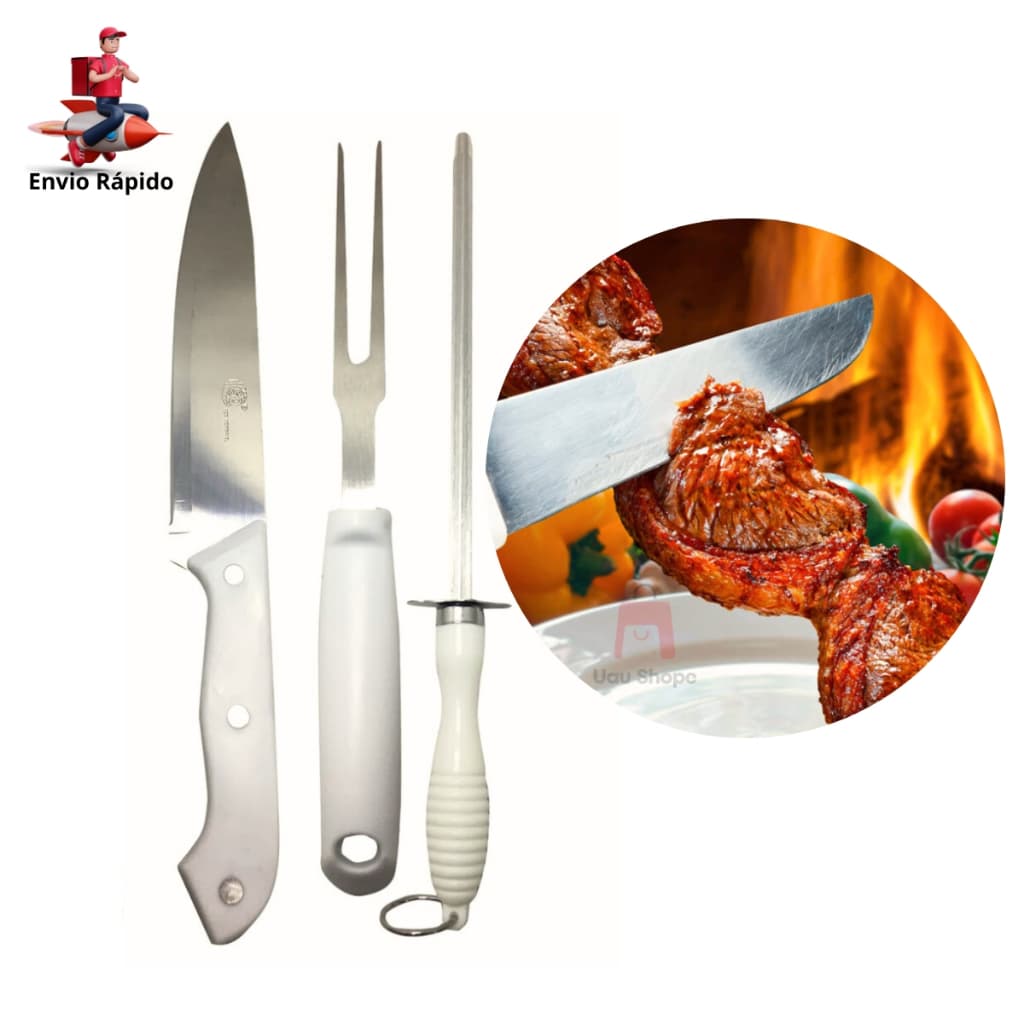 Kit Churrasco 3 Peça Faca Amolador Chaira Garfo Profissional