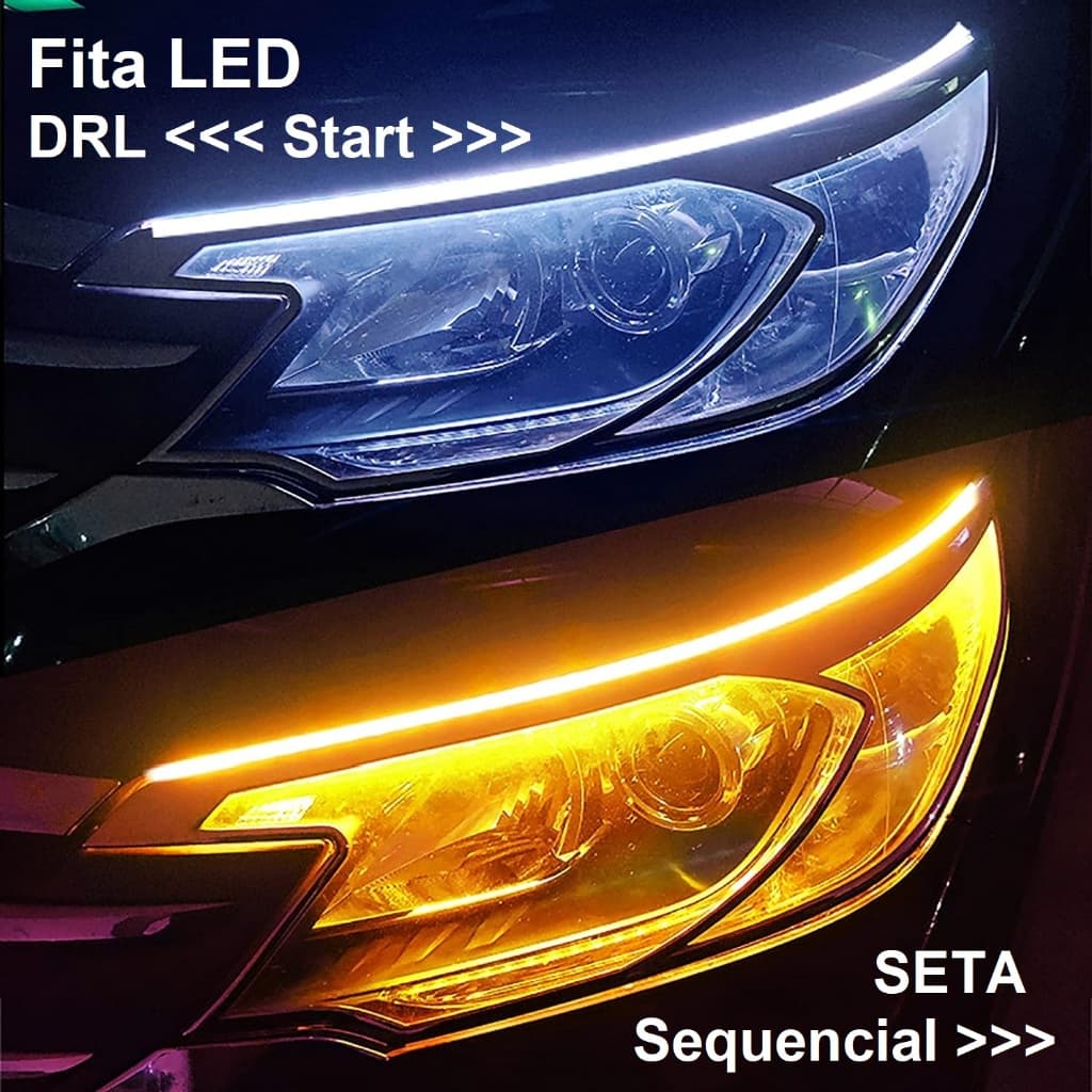 Par Fita LED Farol 60cm DRL Branco Efeito Start + Seta/Pisca Sequencial Amarelo Âmbar 12V Externo