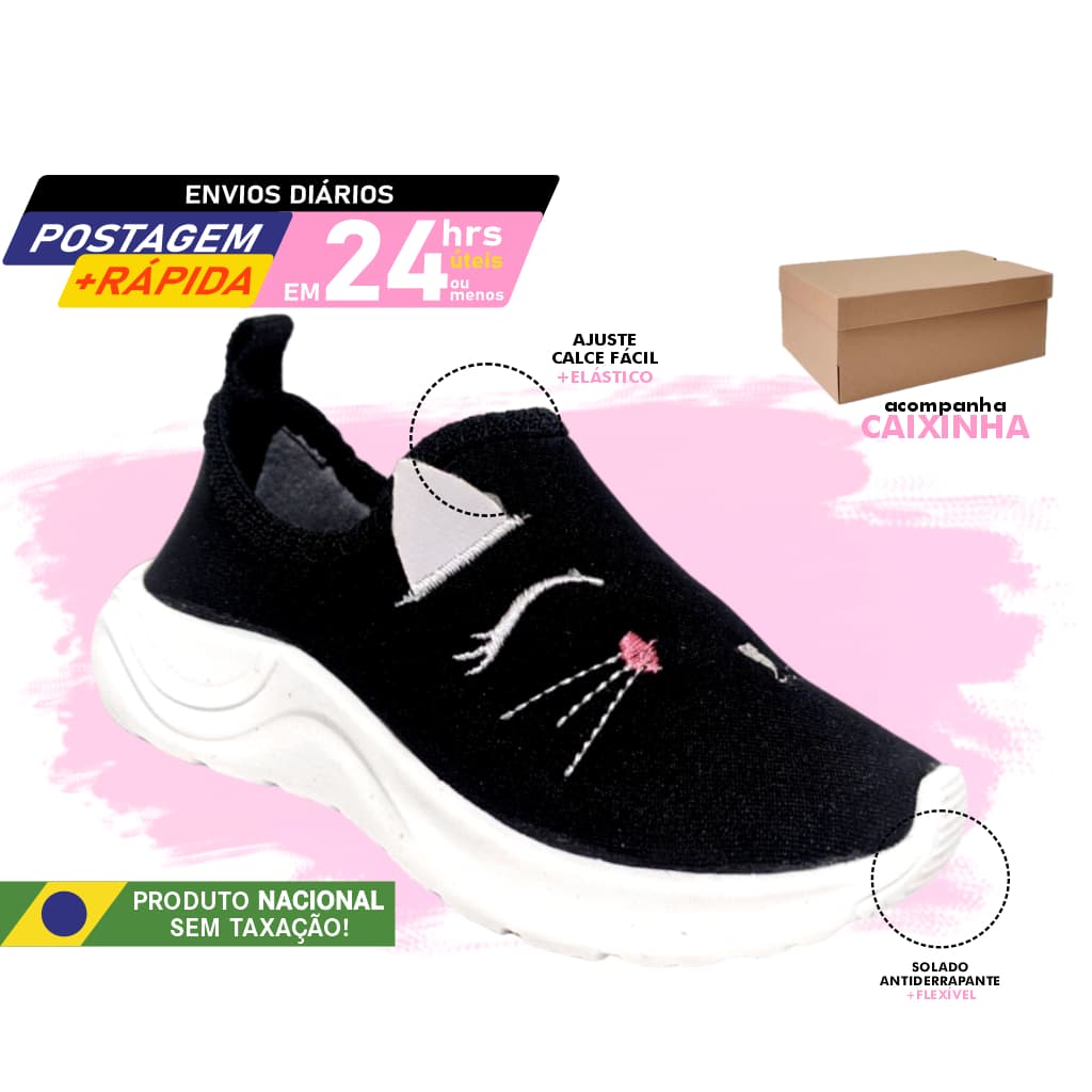 Tênis Gatinha Preto Calce Fácil sapato de enfiar o pé elástico solado branco antiderrapante bordado