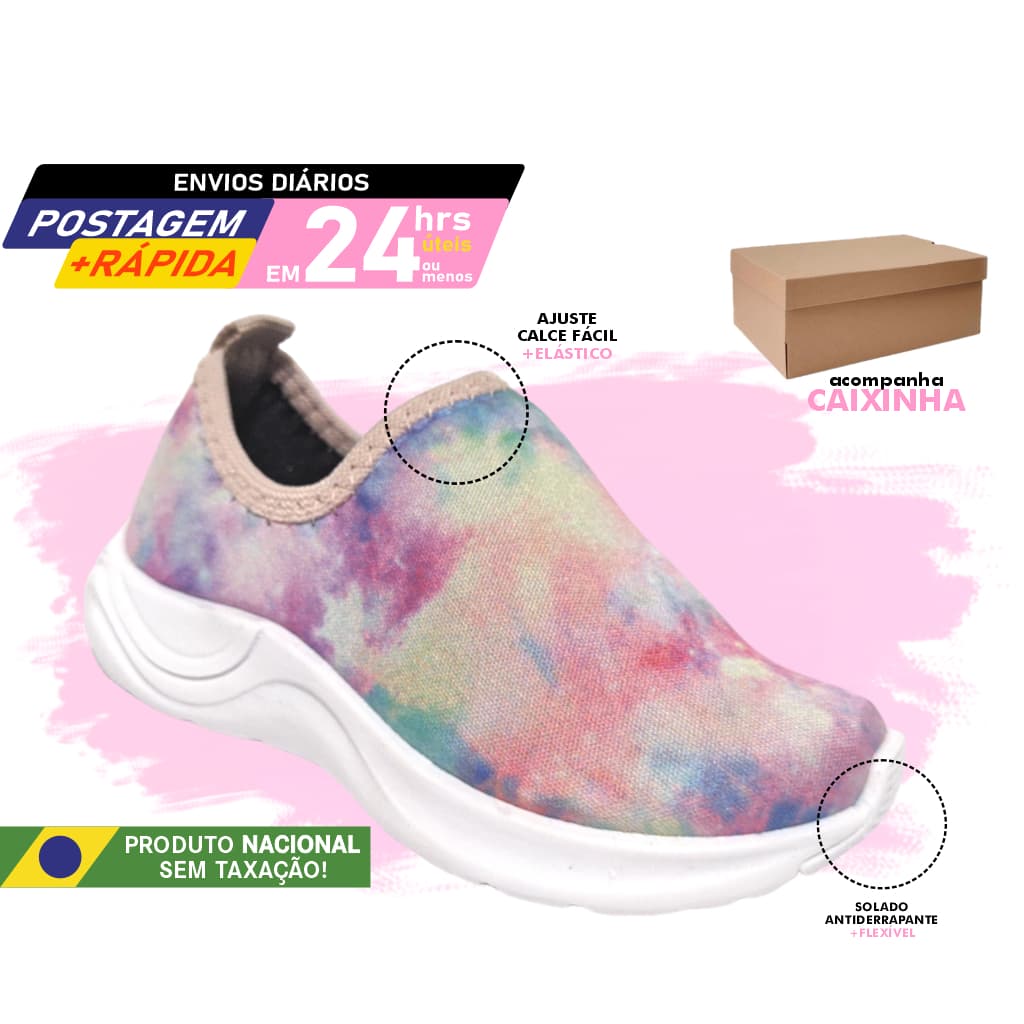 Tenis de enfiar o pé calce fácil sem cadarço slip on menina feminino Tie Dye Colorido Levinho