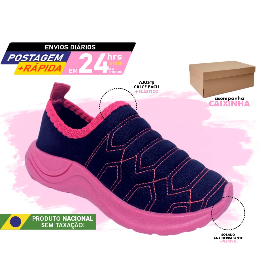 Tênis para menina Marinho e Pink Calce Fácil Slip on Confortável pronta entrega solado escuro sola colorida