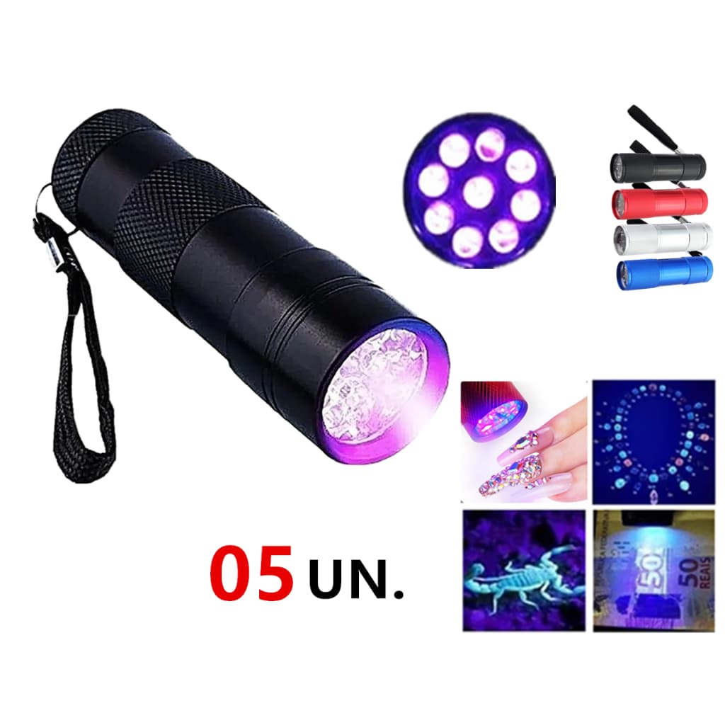 Kit 5 Lanterna Luz Negra Ultra Violeta Uv Detecta Nota Urina Gato Escorpião Seca Gel