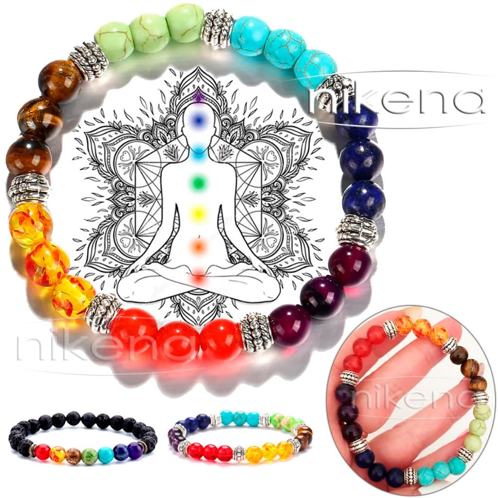 Pulseira Reiki - 7 Chakras com Pedra Lava Vulcânica ou Sem para Yoga e Oração