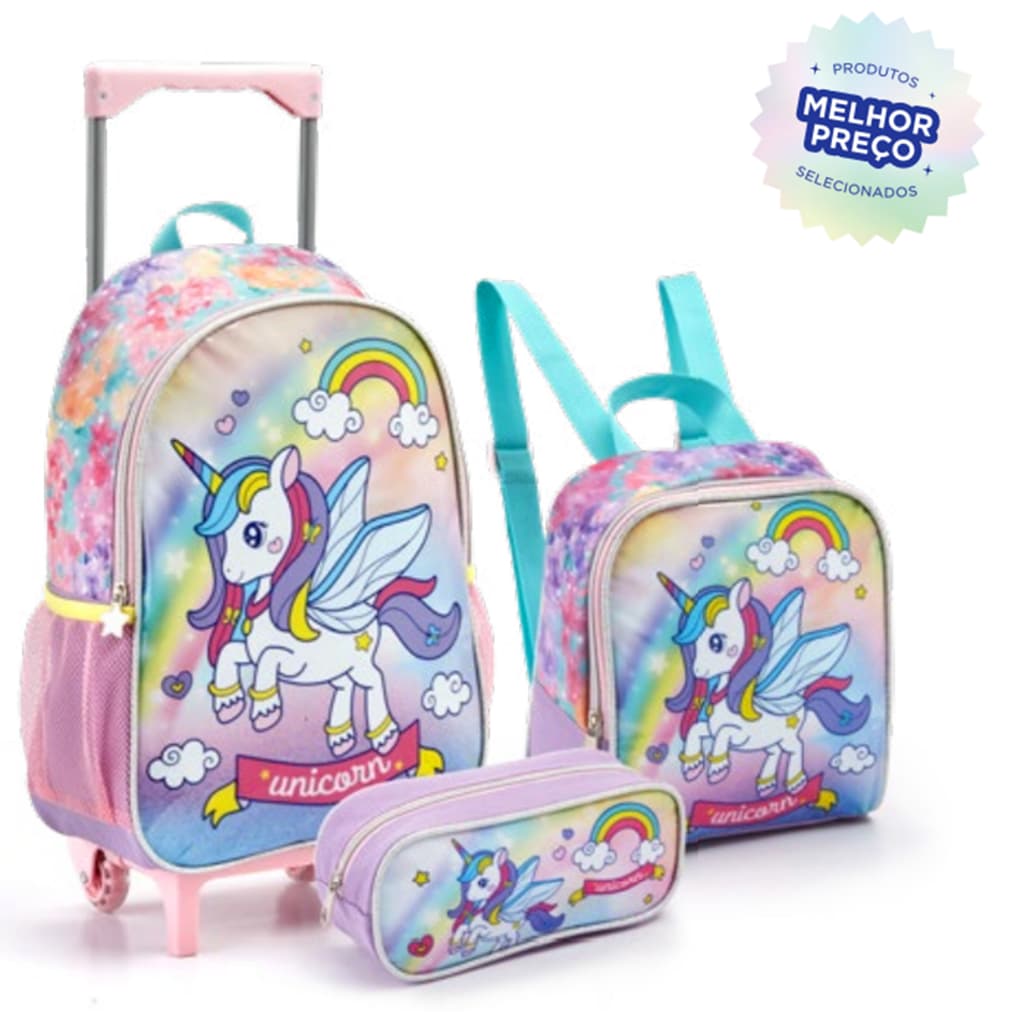 Mochila Infantil Rodinha Unicórnio Lancheira Estojo Rosa