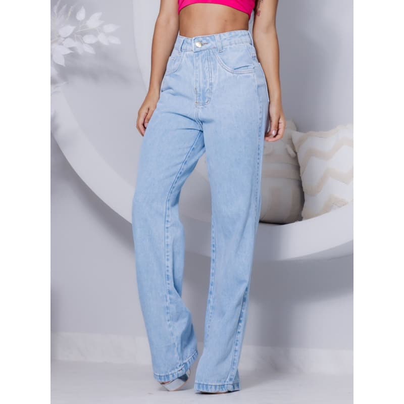 Calça Feminina Wide Leg Jeans Pantalona Lisa Casual Estilosa