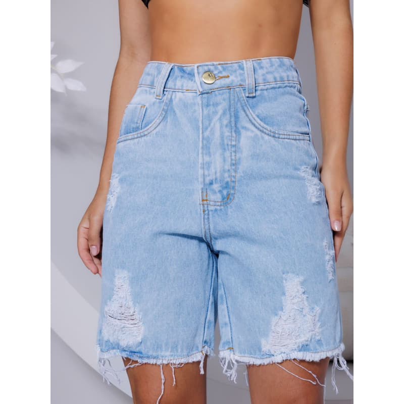 Bermuda Jorts Jeans Feminina Longa Destroyed Short Moda Blogueira Casual