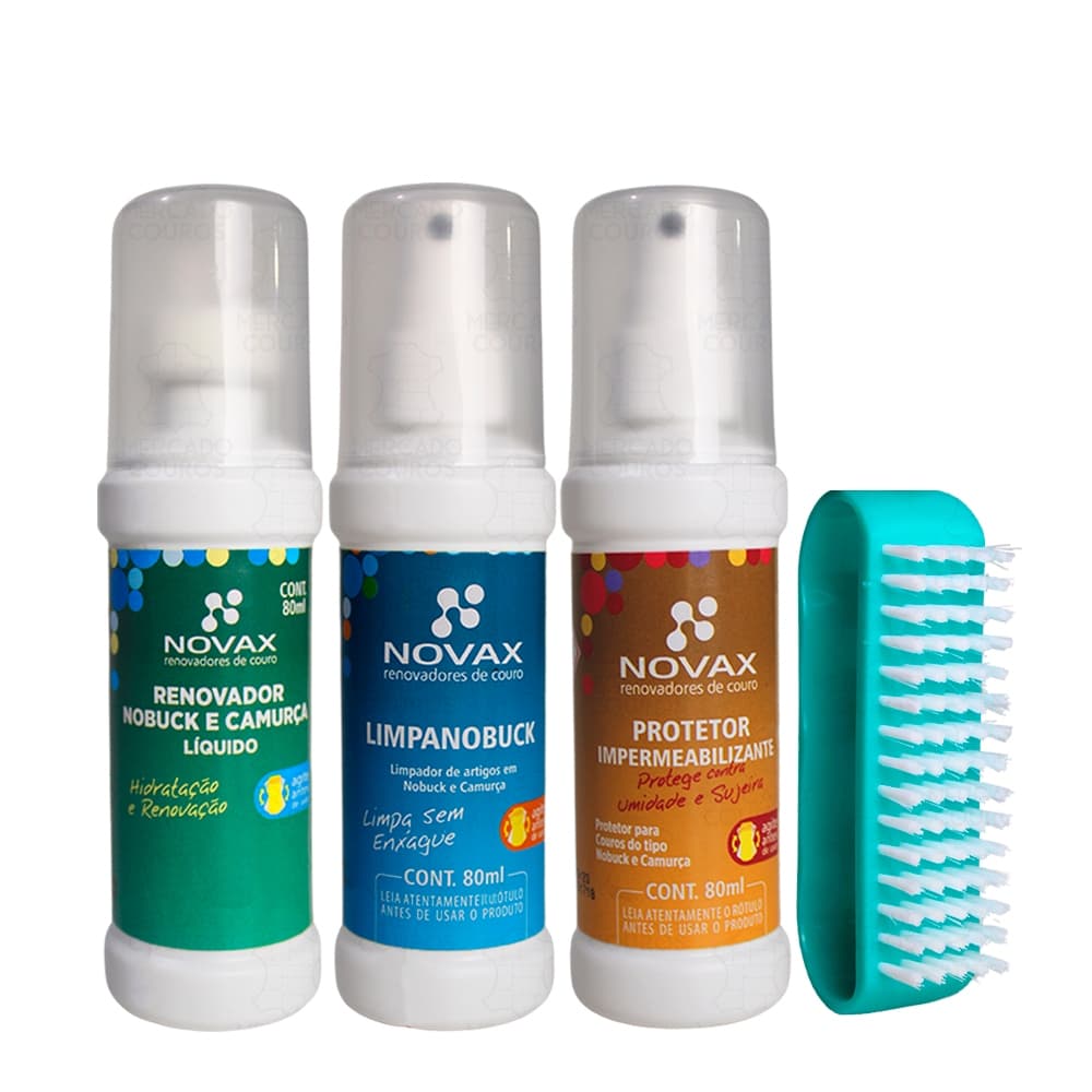 KIT CUIDADOS E CONSERVAÇÃO PARA CAMURÇA E NOBUCK - Limpanobuck + Renovador + Protetor + Escova