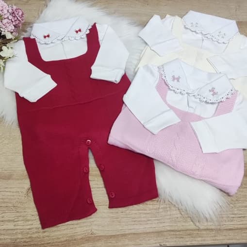 kit 2 peças jardineira tricô + body bordado  bebê menina  saída maternidade tricot salopete romper conjunto bebe
