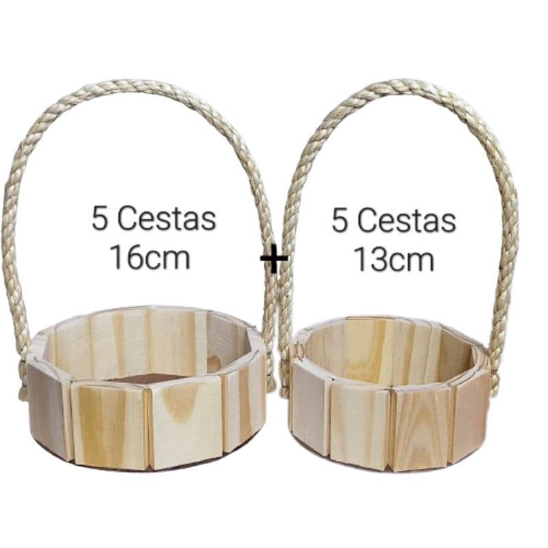 Kit com 10 Cestas de Madeira Pinus 5 de 13cm + 5 de 16cm