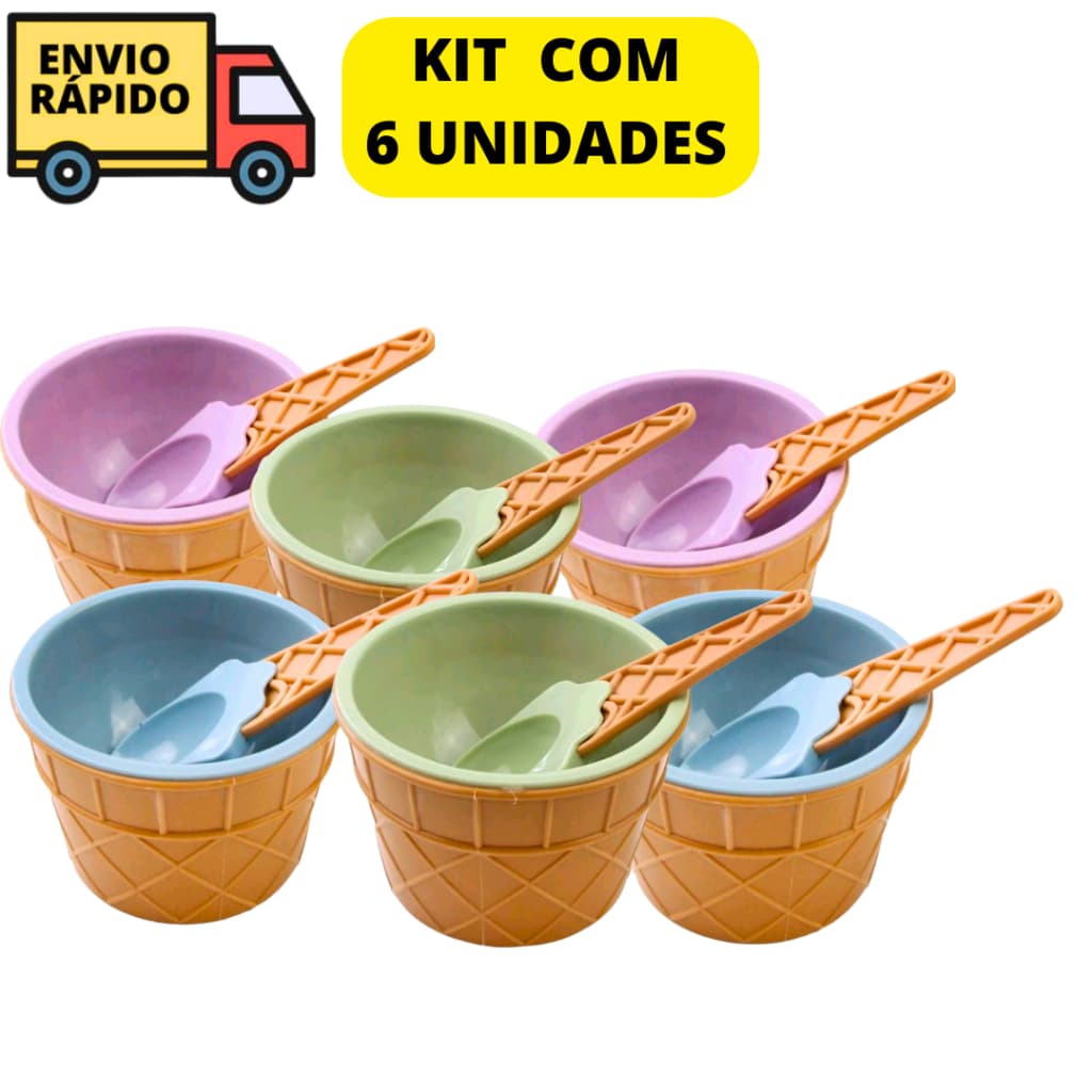 Kit 6 Potes de Sobremesas Casquinha de Sorvete Tigelas Com 6 Colheres Coloridas Para Saborear E Refrescar Diversão