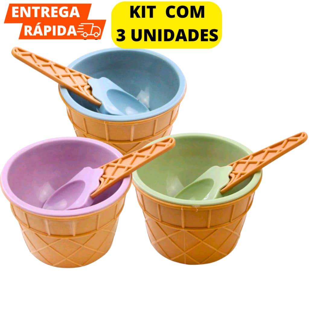 Kit 3 Potes de Sobremesas Casquinha de Sorvete Tigelas Com 3 Colheres Coloridas Para Saborear E Refrescar