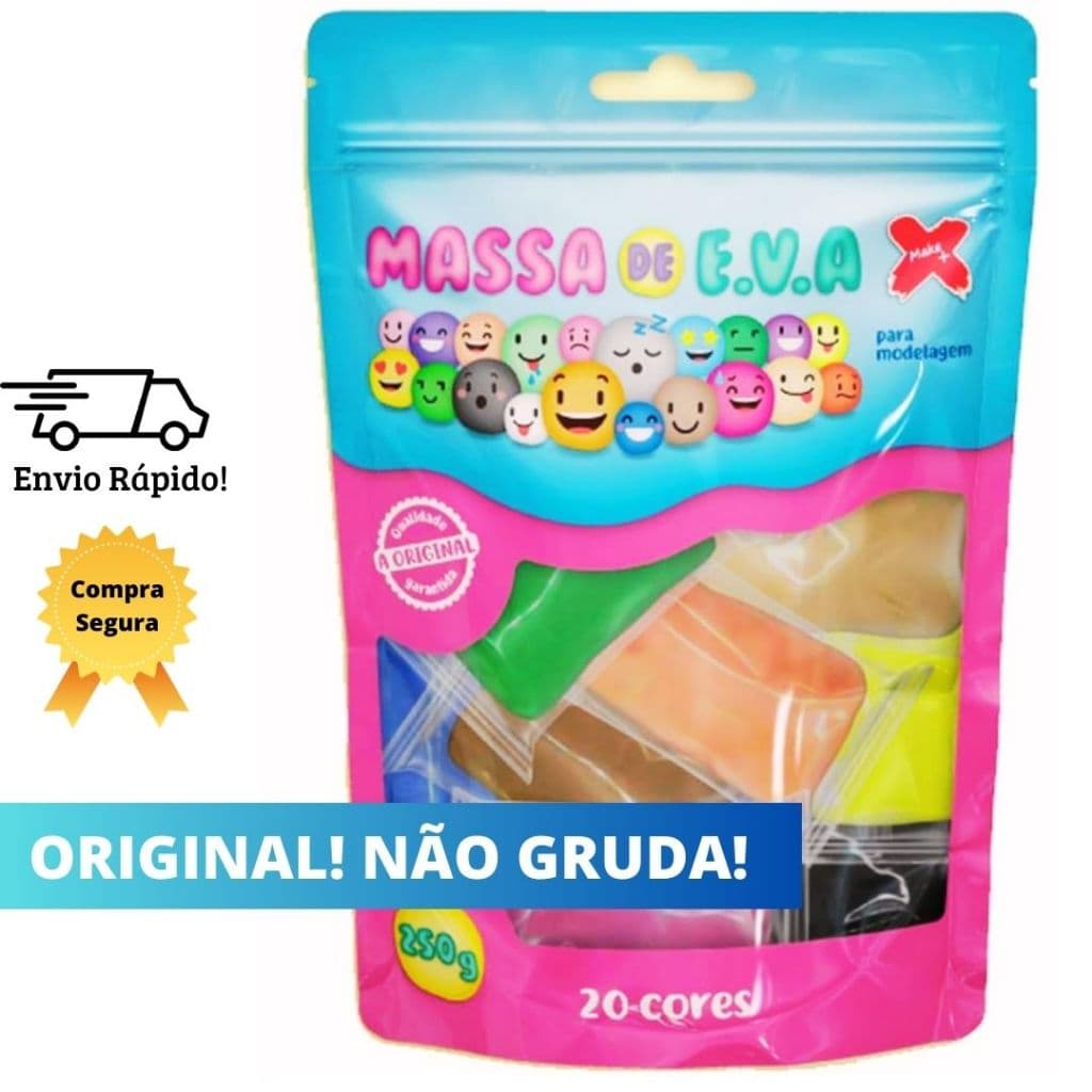 Massinha de EVA Modelar Massa com 20 pacotinhos de Cores Sortidas para brincar ou artesanato, Make+, Multicor - Não Tóxica - Escolar / Diversão / Criatividade