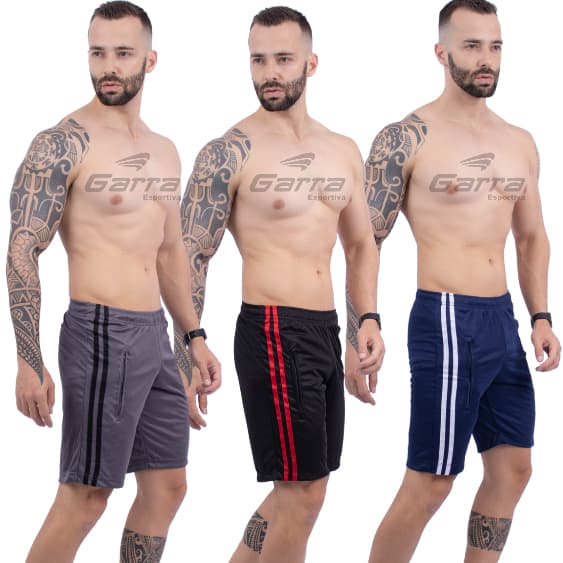 Bermuda Masculina para Academia e Corrida com Bolso de Zíper e Listras Laterais