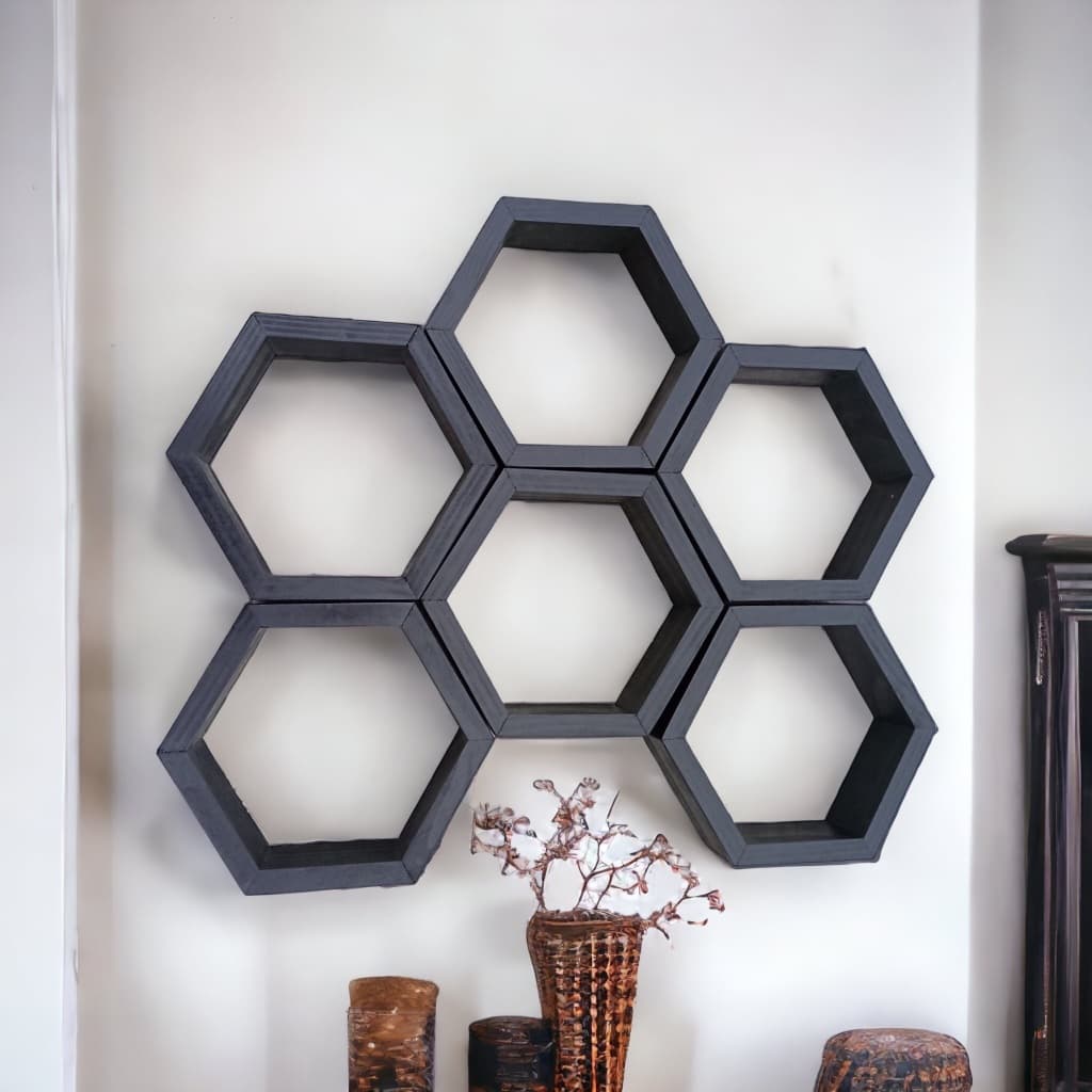 kit 6 Nichos Colmeia PRETO Madeira Pinus Decorativo