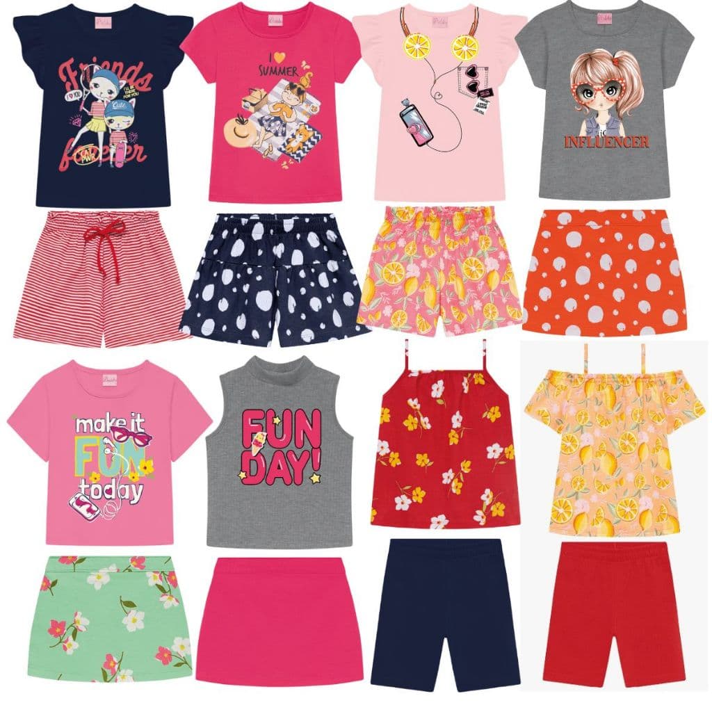 Kit Sortido 10 Peças de Roupas Infantil Menina - 5 Camisetas + 5 Bermudas - Promoção - Kit com 5 Conjuntos de Roupa Infantil Menina