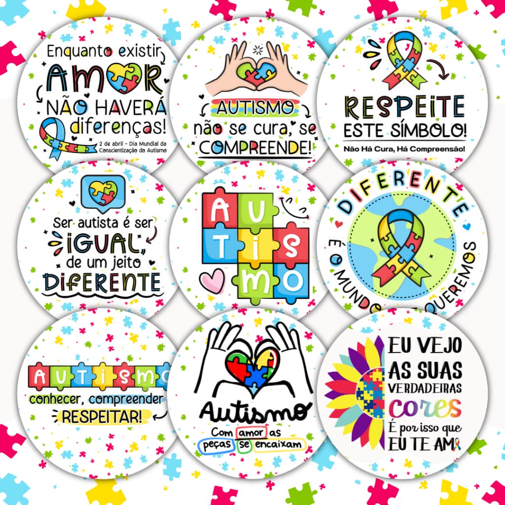 Kit 100 Adesivos Autista Identificação Símbolo Frases Autismo Embalagem Cliente