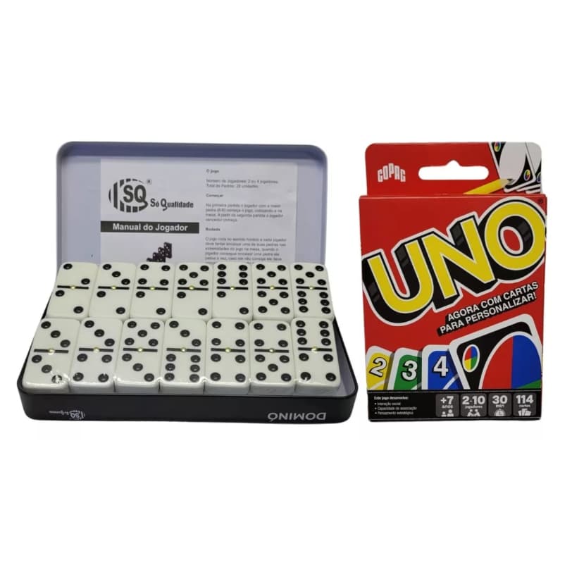 Presente Kit 2 Jogos Uno Original e Dominó 28 Peças Domino Pedra Grande 10mm 114 Carta Personalizada