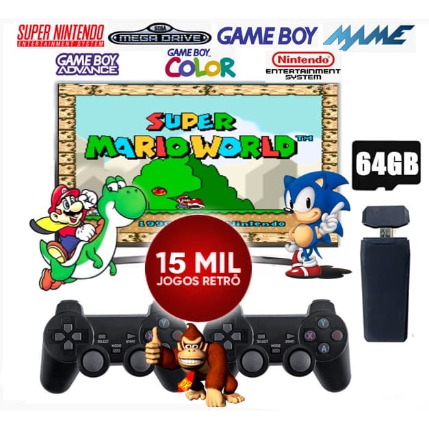 Vídeo Game Retrobox 15 mil jogos Retrô 2 Controles Stick Sem Fio Super Nintendo Mega drive Super Mario Word Sonic