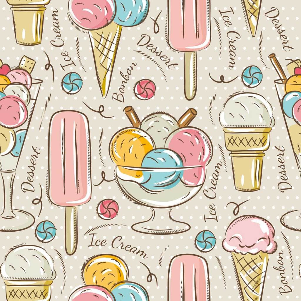 Papel de Parede Decorativo Temático Tipos de Sorvetes em Fundo Bege 3,00x0,50m